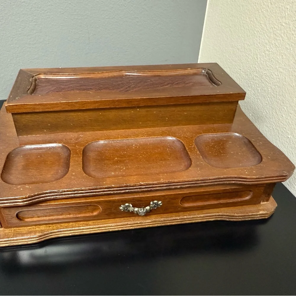 VTG Wood Dresser Valet Box w Drawer Jewelry Change Tie Clips Keys Rings Necklace